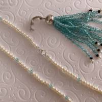 Perlenkette mit Quaste, Zuchtperlen, Edelstein: Apatit und Silber, Wickelarmband, Brautschmuck, Handarbeit aus Bayern Bild 3