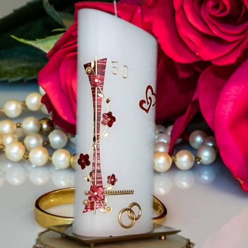 Kerze zur Goldhochzeit Formkerze mit roter Blumenranke und goldenen Ringen, Hochzeitagskerze, Geschenk zum Hochzeitstag
