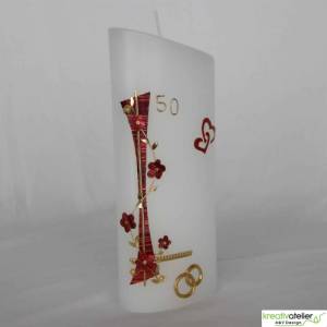 Kerze zur Goldhochzeit Formkerze mit roter Blumenranke und goldenen Ringen, Hochzeitagskerze, Geschenk zum Hochzeitstag Bild 3