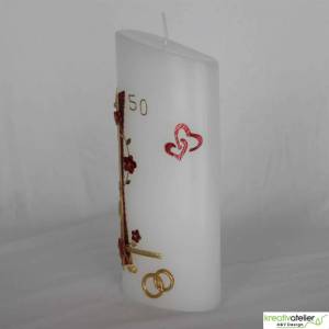 Kerze zur Goldhochzeit Formkerze mit roter Blumenranke und goldenen Ringen, Hochzeitagskerze, Geschenk zum Hochzeitstag Bild 4
