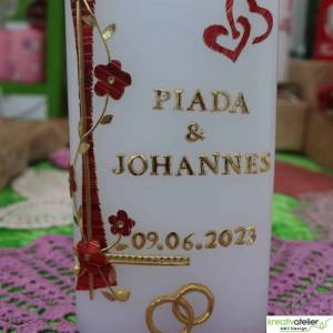Kerze zur Goldhochzeit Formkerze mit roter Blumenranke und goldenen Ringen, Hochzeitagskerze, Geschenk zum Hochzeitstag Bild 6