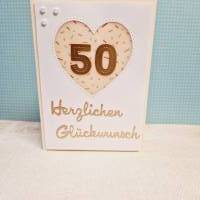 Geburtstagskarte Glückwunschkarte runder Geburtstag 50. Herz beige mattgold weiß Bild 1