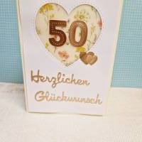 Geburtstagskarte Glückwunschkarte runder Geburtstag 50. Herz cremeweiß mattgold weiß Blumen Bild 1
