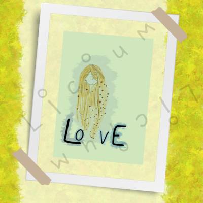 Hintergrund GRÜN Haar: GOLD Karte - Frau mit langen Haaren und Herzen - Liebe - Download - A6 und A4 Format