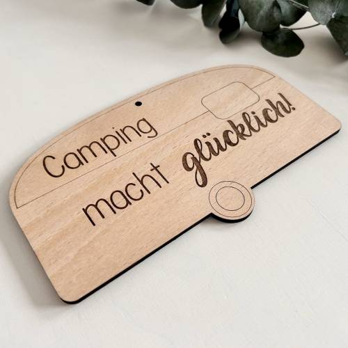 Camping Schild aus Holz für echte Campingfans personalisierbar mit dem Spruch Camping macht glücklich
