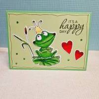 Geburtstagskarte Glückwunschkarte Happy Day Anstossen Frosch mit Krone grün rot Bild 1