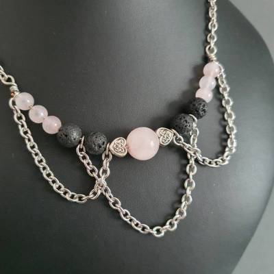 Keltischer Halskette mit Rosenquarz & Lava Perlen/  Keltische Thread Kette/  Perlenkette/ rustikaler Schmuckset