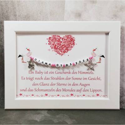 Personalisierter Druck im Rahmen mit Spruch zur Geburt oder Taufe - Größe 13x18cm