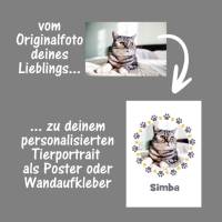 Haustierportrait Katze oder Hund - Umrandung Pfötchen - rund | personalisierbar mit Namen - Digitaldruck Tierportrait Bild 2