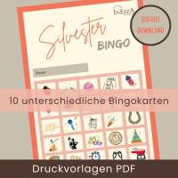 Silvester Bingo Partyspiel PDF 10 Bingokarten für Kinder & Erwachsene druckbare Datei Familienspiel Neujahrsspaß Bild 1