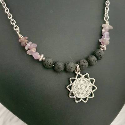 Keltische Blume des Lebens Halskette mit Lava & Amethyst Perlen /Keltische Thread Kette/ Rustikaler Schmuckset