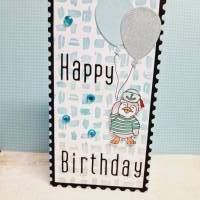 Geburtstagskarte Glückwunschkarte Slimline Karte Happy Birthday Pinguin Luftballon schwarz hellblau türkis Bild 1