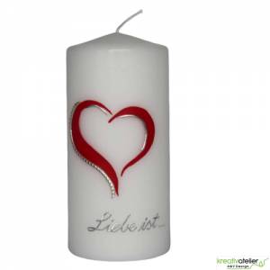 weiße Freundschaftskerze "Liebe ist ..." mit Herz und Echtwachsbeschriftung, Ich liebe Dich, Geschenkidee Liebe, Bild 3