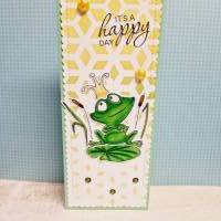 Geburtstagskarte Glückwunschkarte Slimline Karte Happy Day Frosch mit Krone grün gelb Bild 1
