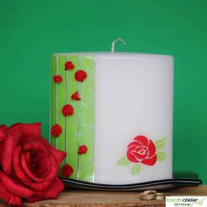Hochzeitstagskerze mit roten Rosen, weiß, ellipsenförmige Formkerze, Kerze zum Hochzeitstag, Geschenk Hochzeitstag Bild 9