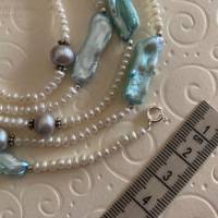 Perlenkette  96 cm lang weiß bunt, exklusive Zuchtperlenkette, Wickelarmband, Geschenk Frauen, Handarbeit aus Bayern Bild 2