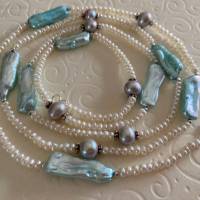 Perlenkette  96 cm lang weiß bunt, exklusive Zuchtperlenkette, Wickelarmband, Geschenk Frauen, Handarbeit aus Bayern Bild 4