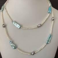 Perlenkette  96 cm lang weiß bunt, exklusive Zuchtperlenkette, Wickelarmband, Geschenk Frauen, Handarbeit aus Bayern Bild 5