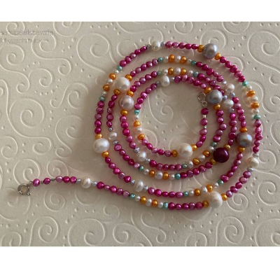 Perlenkette pink bunt 92 cm lang, Wickelarmband, Zuchtperlen, Hippiestil, Geschenk für Frauen, Handarbeit aus Bayern