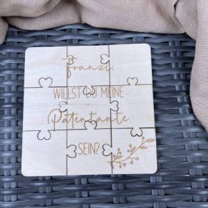 personalisiertes Puzzle aus Holz "Willst du meine Patentante sein?", individuelles Holzpuzzle mit Wunschname Bild 1