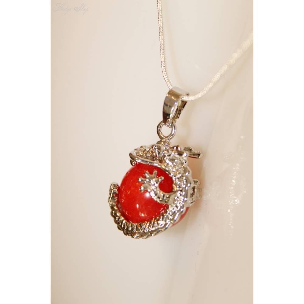 Halskette Glücksdrache mit roter Kugel Silber 925er