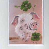 Grußkarte, Glückskarte-   Glücksschweinchen-   handgemalt