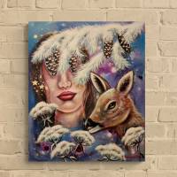 SILENT NIGHT - zauberhaftes, winterliches Frauenportrait mit einem Reh 50cmx60cmx2,0cm Bild 1