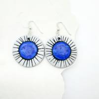 Blaue runde Ohrringe Polymer Clay, große Ohrringe, weiße Ohrringe mit Muster, geometrische Ohrringe, Geschenk Bild 2