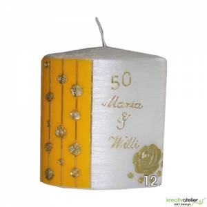 Goldhochzeitskerze mit goldenen Rosen verziert, Formkerze Ellipsenform mit Perlmuttoberfläche, Kerze Hochzeitstag Bild 2