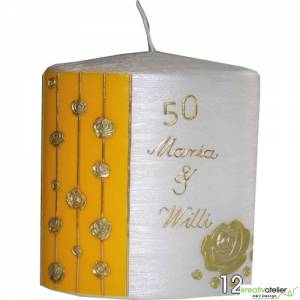 Goldhochzeitskerze mit goldenen Rosen verziert, Formkerze Ellipsenform mit Perlmuttoberfläche, Kerze Hochzeitstag Bild 4