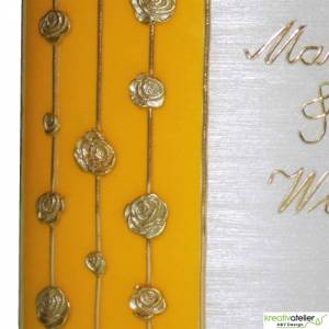 Goldhochzeitskerze mit goldenen Rosen verziert, Formkerze Ellipsenform mit Perlmuttoberfläche, Kerze Hochzeitstag Bild 7