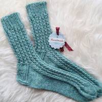 Socken in Gr. 38/39 mit Baumwolle, handgestrickte Strümpfe Söckchen in grün hellgrün lindgrün maigrün Bild 5