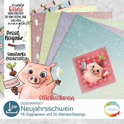 Digistampset Neujahrsschwein, Digistamps und Digipapiere zu Silvester und Neujahr im Comic-Stil