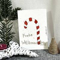 Schöne Weihnachtskarte mit Candycane - Frohe Weihnachten - handgemalte Karte (A6) mit hochwertigen Aquarellfarben Bild 1