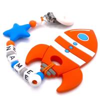 Baby Beißring Kette Rakete mit Namen Silikonkette Zahnungshilfe Babykette orange Bild 1