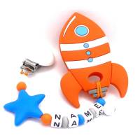 Baby Beißring Kette Rakete mit Namen Silikonkette Zahnungshilfe Babykette orange Bild 2