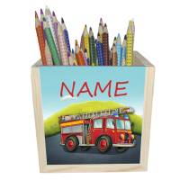 Feuerwehr Holz Stiftebox personalisiert z. B. mit Name und Schriftartwahl | 10x10x10cm | Stiftehalter Bild 1