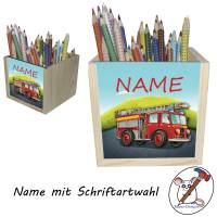 Feuerwehr Holz Stiftebox personalisiert z. B. mit Name und Schriftartwahl | 10x10x10cm | Stiftehalter Bild 2