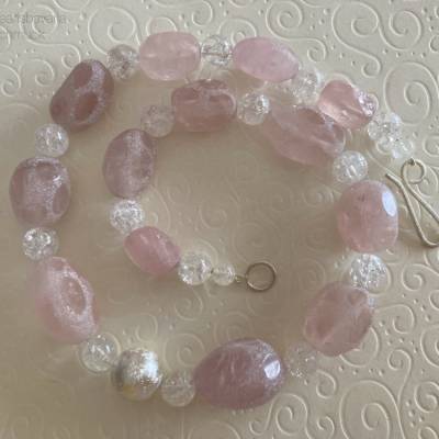 Rosenquarzkette mit Bergkristall und Si925, rosa Edelsteinkette, Geschenk Frauen, Handarbeit aus Bayern