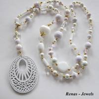 Bettelkette lang weiß goldfarben Perlen mit Holz Anhänger Perlenkette Boho Kette Handgefertigt Bild 5