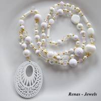 Bettelkette lang weiß goldfarben Perlen mit Holz Anhänger Perlenkette Boho Kette Handgefertigt Bild 6