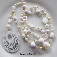 Bettelkette lang weiß goldfarben Perlen mit Holz Anhänger Perlenkette Boho Kette Handgefertigt Bild 8