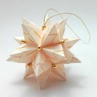 Mini-Bascetta-Stern, ca. 6 cm, Creme/Gold mit Aufhängeband und Perlen, Weihnachtsstern, Origami Faltstern Bild 1