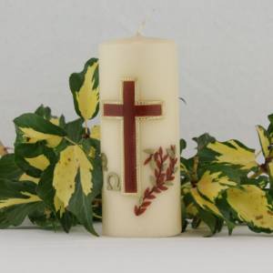 Gedenkkerze in bisquit mit Alpha/Omega braun/gold verziert, Trauerkerze, Trauerkerze personalisiert, Kerze zum Gedenken Bild 3