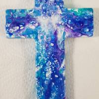 Taufkreuz Geschenk Geschenkidee Weihnachten Taufe Kommunion Geburtstag Acrylic Pouring lila blau weiß Unikat Bild 4