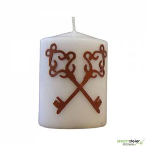 Weiße Kerze mit Schlüsseln in Echtwachsverzierung; Kerze Beruf, Kerze Branche Bild 1