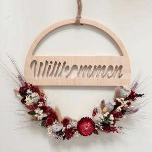 Türkranz Willkommen - Holzring mit Trockenblumen für die Haustür oder als Geschenk Bild 1