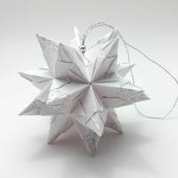 Mini-Bascetta-Stern, ca. 6 cm, Weiß/Silber mit Glitzer und Aufhängeband, Weihnachtsstern, Origami Faltstern Bild 1