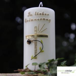 Trauerkerze/Gedenkkerze, klein in elfenbein „In lieber Erinnerung“, gold/schwarz, Echtwachsbeschriftung, Trauerkerze Bild 5