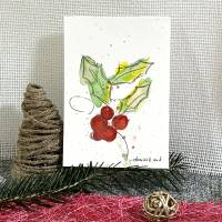 Schöne Weihnachtskarte mit Stechpalme - handgemalte Karte (A6) mit hochwertigen Aquarellfarben Bild 1
